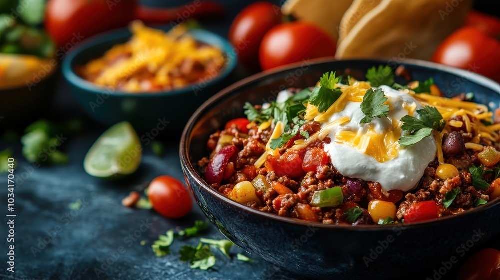 A vibrant chili dish garnished with sour cream, shredded cheese, cilantro, featuring beans, tomatoes, corn, and ground meat, served in a dark bowl for a cozy meal. A vibrant chili dish garnished with sour cream, shredded cheese, cilantro, featuring beans, tomatoes, corn, and ground meat, served in a dark bowl for a cozy meal.
