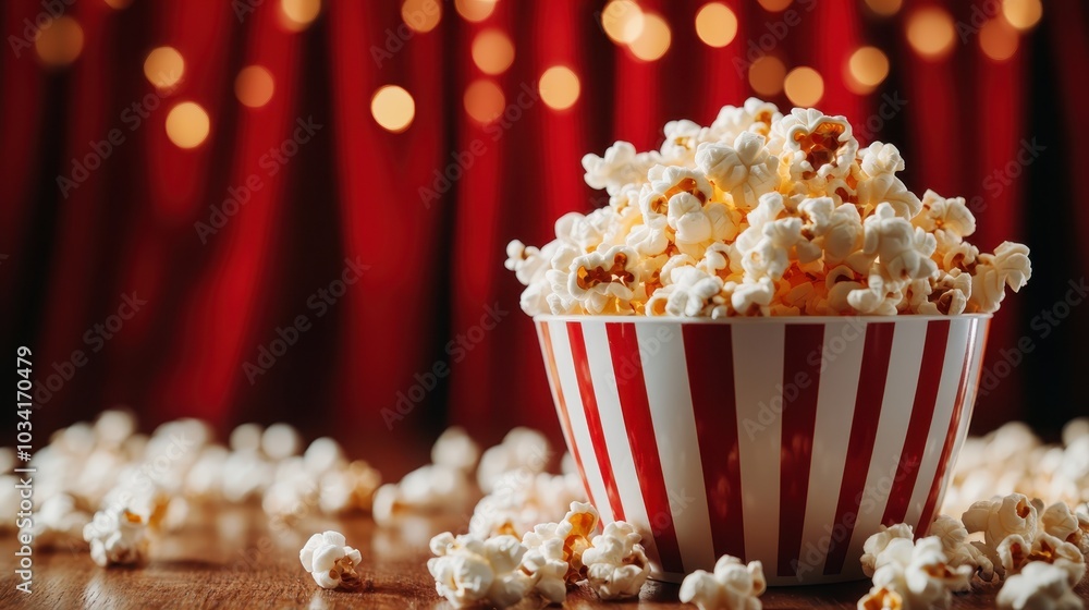 A dramatic depiction of popcorn exploding out of a red and white striped bucket, capturing the excitement and joy of movie watching in a dynamic motion. A dramatic depiction of popcorn exploding out of a red and white striped bucket, capturing the excitement and joy of movie watching in a dynamic motion.