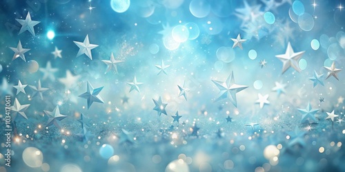 Abstract festive background with shimmering stars and bokeh lights on a blue and white backdrop