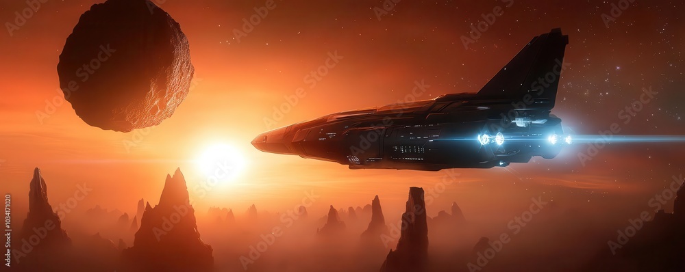 Futuristic spaceship soaring through orange cosmic landscape. Futuristic spaceship soaring through orange cosmic landscape.