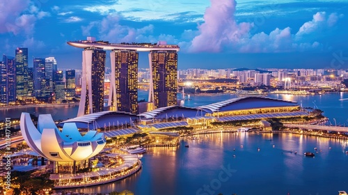 Aerial view of Singapore iconic Marina Bay Sands illuminated against the night sky, with the city skyline in the background.