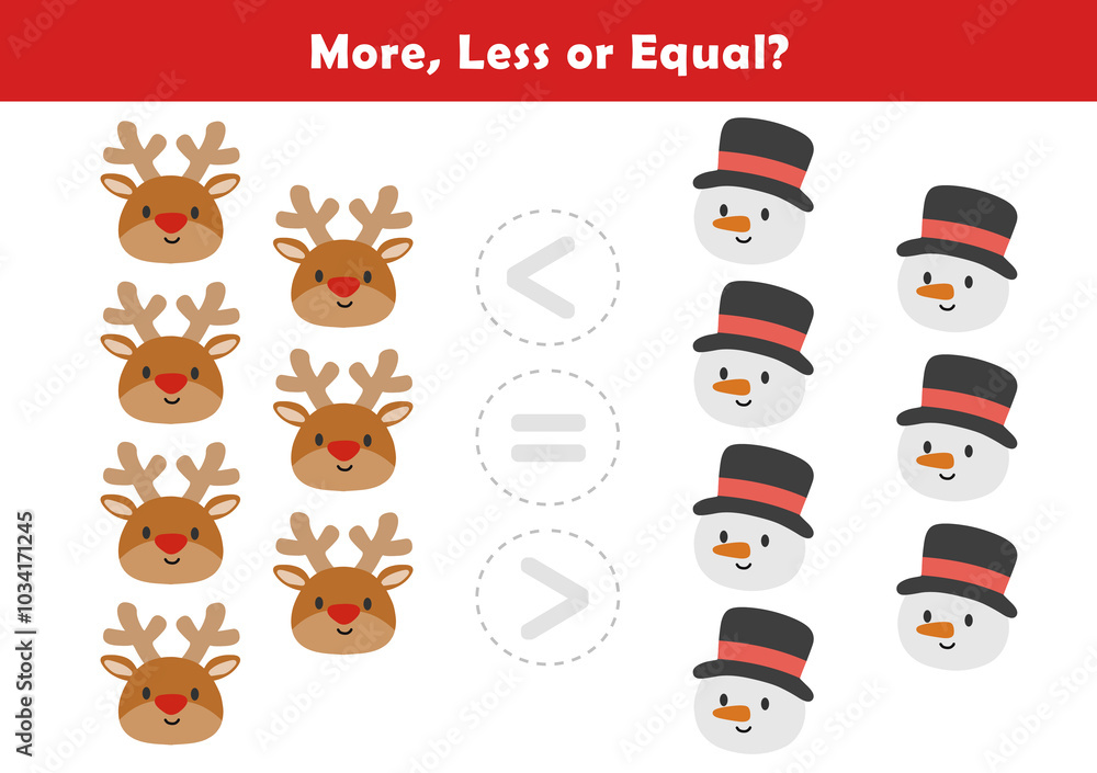 Fototapeta premium Comparison Worksheet with Cute Christmas Illustration for Kids. Counting Games for Preschoolers. More or Less Worksheet for Kindergarten. Christmas activity sheet.