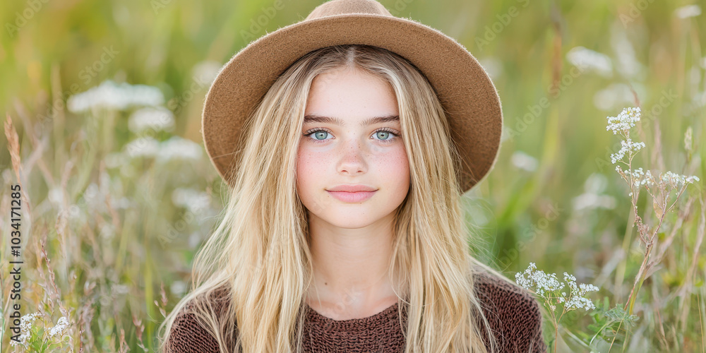 Fototapeta premium Young Woman in a Brown Hat Portrait Blonde Hair Green Eyes Summer Field