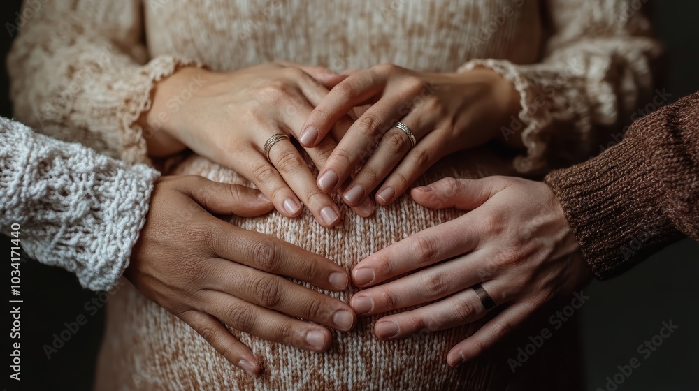 Multiple hands gently rest on a pregnant belly, representing support, care, and community, highlighting the importance of togetherness during pregnancy. Multiple hands gently rest on a pregnant belly, representing support, care, and community, highlighting the importance of togetherness during pregnancy.