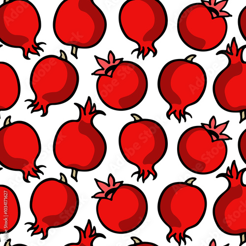 Vector seamless pattern with hand drawn ripe pomegranates. Beautiful ink drawing, juicy fruit, vibrant colors. Wonderful food design elements, perfect for prints and patterns