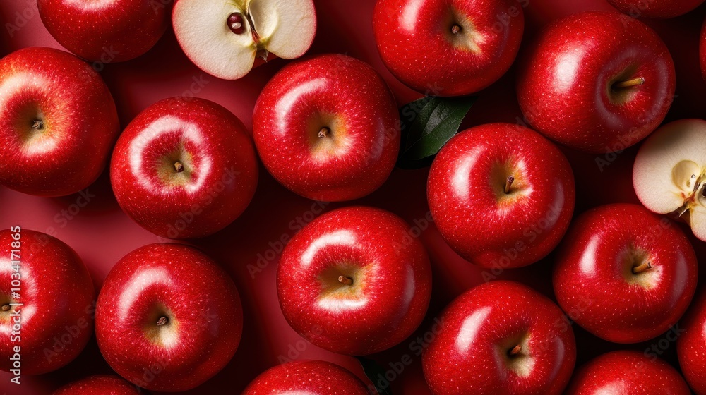 A vibrant collection of red apples with a glossy sheen are arrayed visually. Each apple shows off its deep, ripe color and enticing freshness on a plain backdrop. A vibrant collection of red apples with a glossy sheen are arrayed visually. Each apple shows off its deep, ripe color and enticing freshness on a plain backdrop.