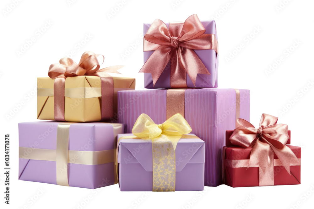 Fototapeta premium Colorful gift boxes stacked beautifully, adorned with elegant bows, perfect for celebrations and special occasions.