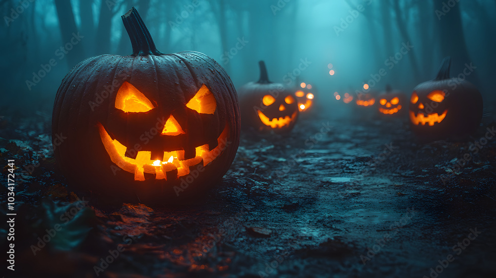 Glowing Jack-o'-Lanterns in Mysterious Forest Scene Glowing Jack-o'-Lanterns in Mysterious Forest Scene