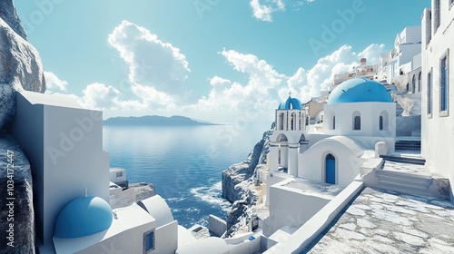 Charming village in Santorini, Greece, with white-washed buildings and blue domes overlooking the Aegean Sea.