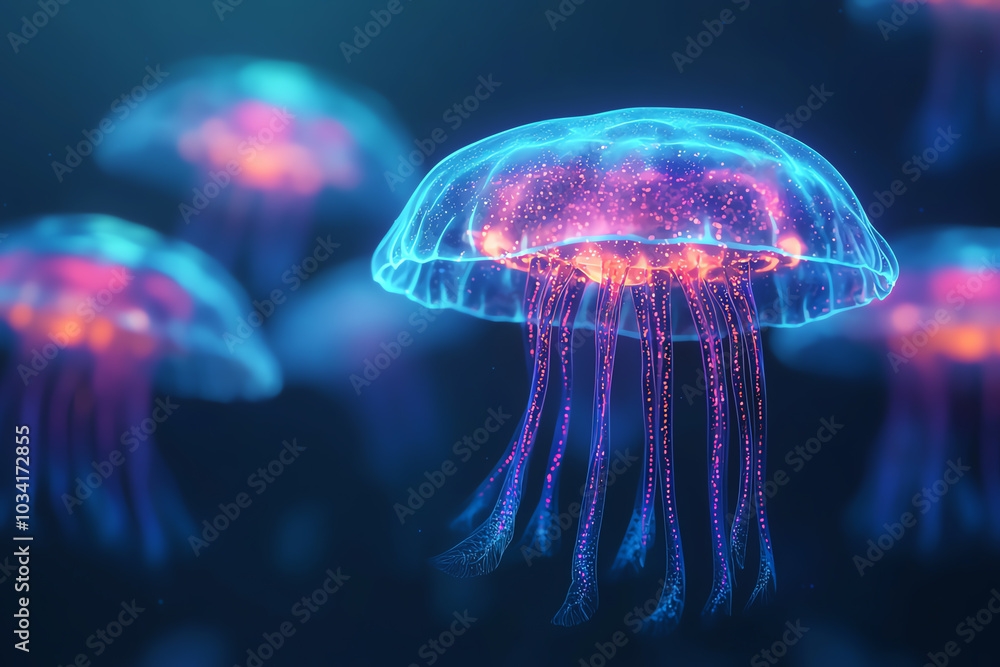 Glowing jellyfish in dark waters Glowing jellyfish in dark waters