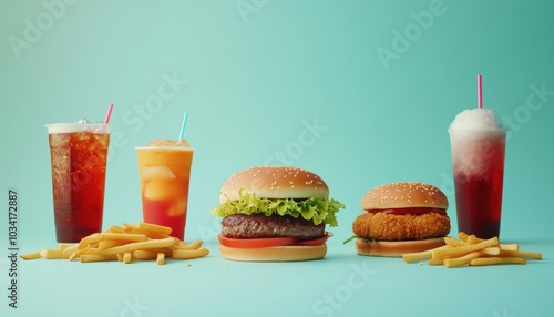 Unhealthy Junk Food Delivery Menu Featuring Burgers, Cheeseburgers, Nuggets, Fries, And Fizzy Drinks: Low Nutrition, High Calories. photo