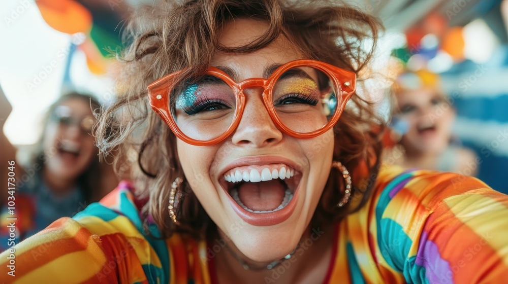 Captivating shot of a woman in bright glasses and colorful outfit during a festival, capturing her joyful expression, energy, and the vibrant background. Captivating shot of a woman in bright glasses and colorful outfit during a festival, capturing her joyful expression, energy, and the vibrant background.