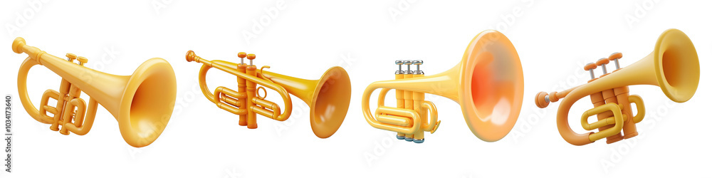 Obraz premium Set of Trumpet 3D cartoon icons png, isolated on transparent background.