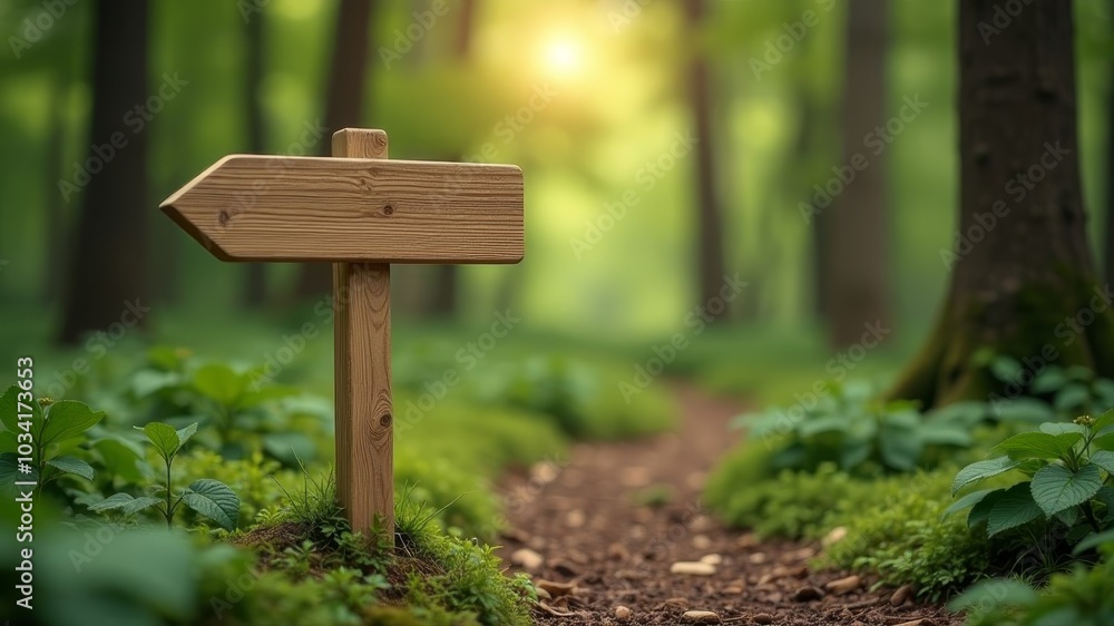 wooden sign with arrow under text in dense green forest wooden sign with arrow under text in dense green forest