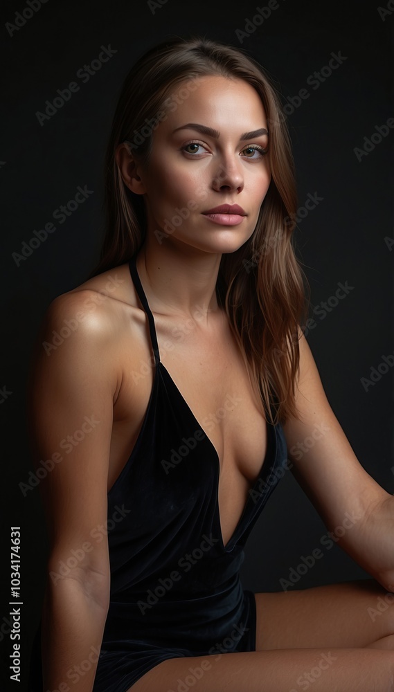 Naklejka premium Elegant woman in black velvet dress
