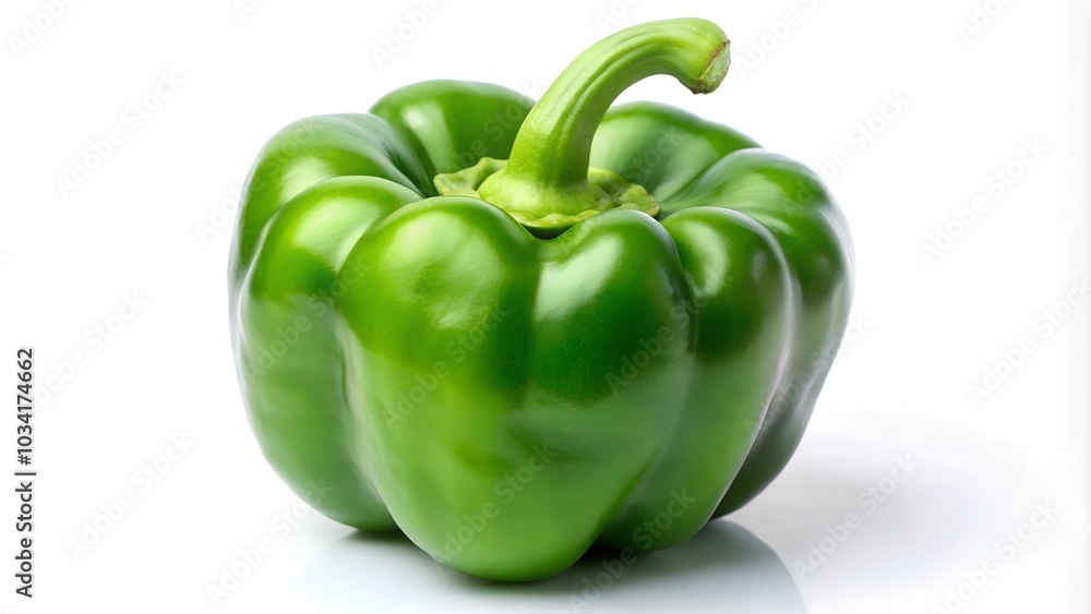 A bright green bell pepper with a shiny surface on a clean background, highlighting its fresh and vibrant appearance A bright green bell pepper with a shiny surface on a clean background, highlighting its fresh and vibrant appearance