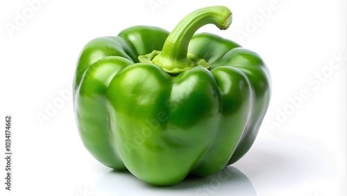 A bright green bell pepper with a shiny surface on a clean background, highlighting its fresh and vibrant appearance