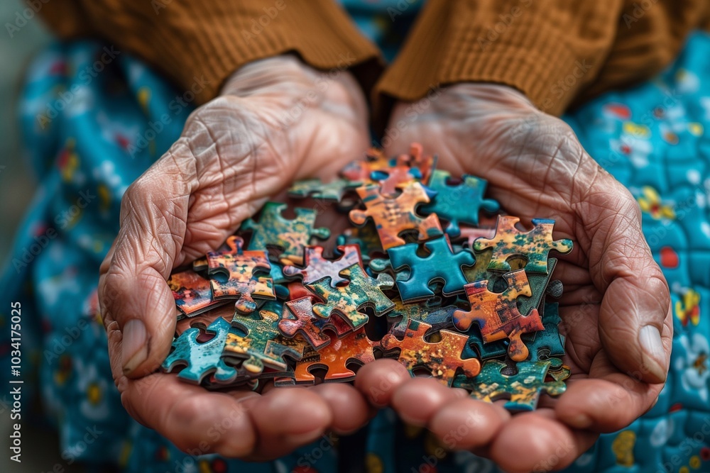 Elderly hands gently cradle an assortment of vibrant puzzle pieces, reflecting a love for creativity and problem solving Elderly hands gently cradle an assortment of vibrant puzzle pieces, reflecting a love for creativity and problem solving