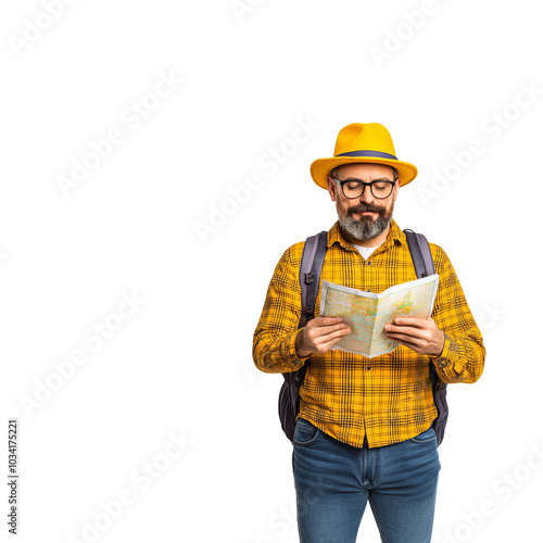 Traveler reading map, smiling, wearing yellow hat and plaid shirt photo