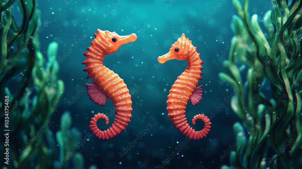 Seahorses swimming in underwater environment Seahorses swimming in underwater environment