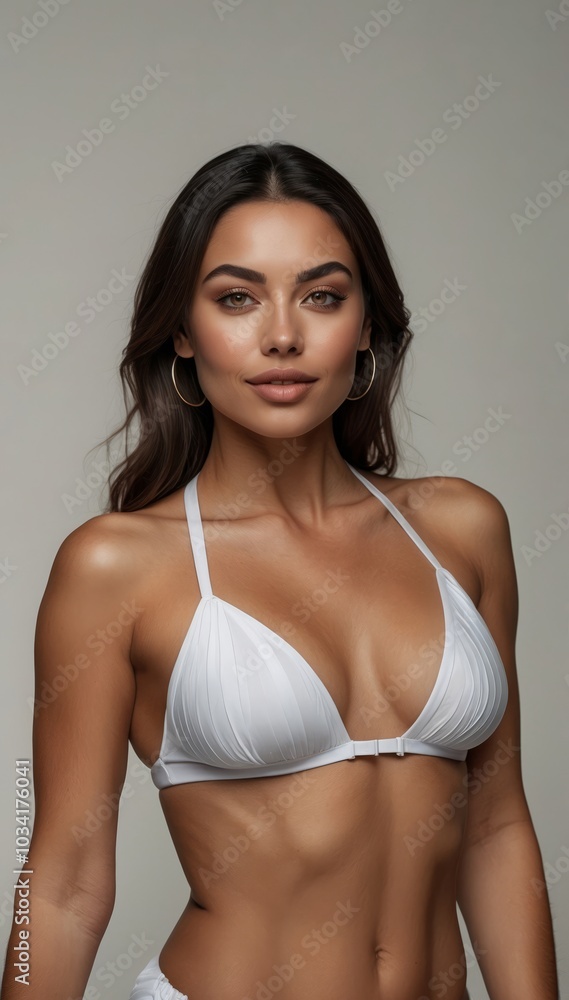 Woman posing in white bikini with hoop earrings Woman posing in white bikini with hoop earrings