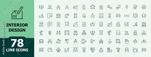 Interior design icon set. Minimalist line style icons. Set of outline furniture and decorating. Editable stroke thin line icons bundle. Vector illustration