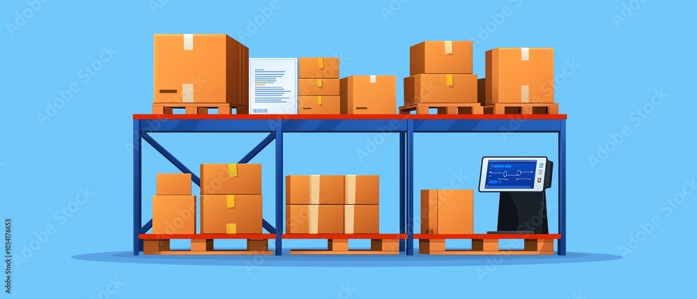 A colorful shelving unit filled with cardboard boxes and a scanner, against a bright blue background, suggesting a warehouse or inventory setting. A colorful shelving unit filled with cardboard boxes and a scanner, against a bright blue background, suggesting a warehouse or inventory setting.
