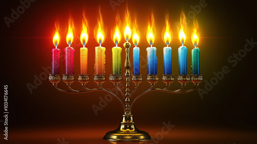 Menorah illuminated with candles representing the spirit of Hanukkah during the Jewish holiday