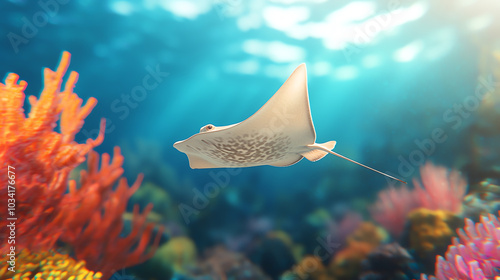 Stingray swimming in vibrant coral reef