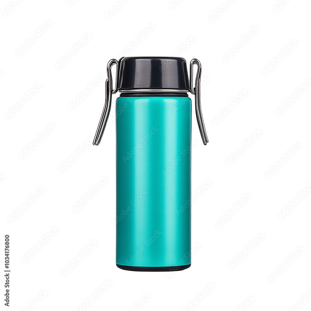 Turquoise stainless steel travel thermos bottle on white background. Turquoise stainless steel travel thermos bottle on white background.