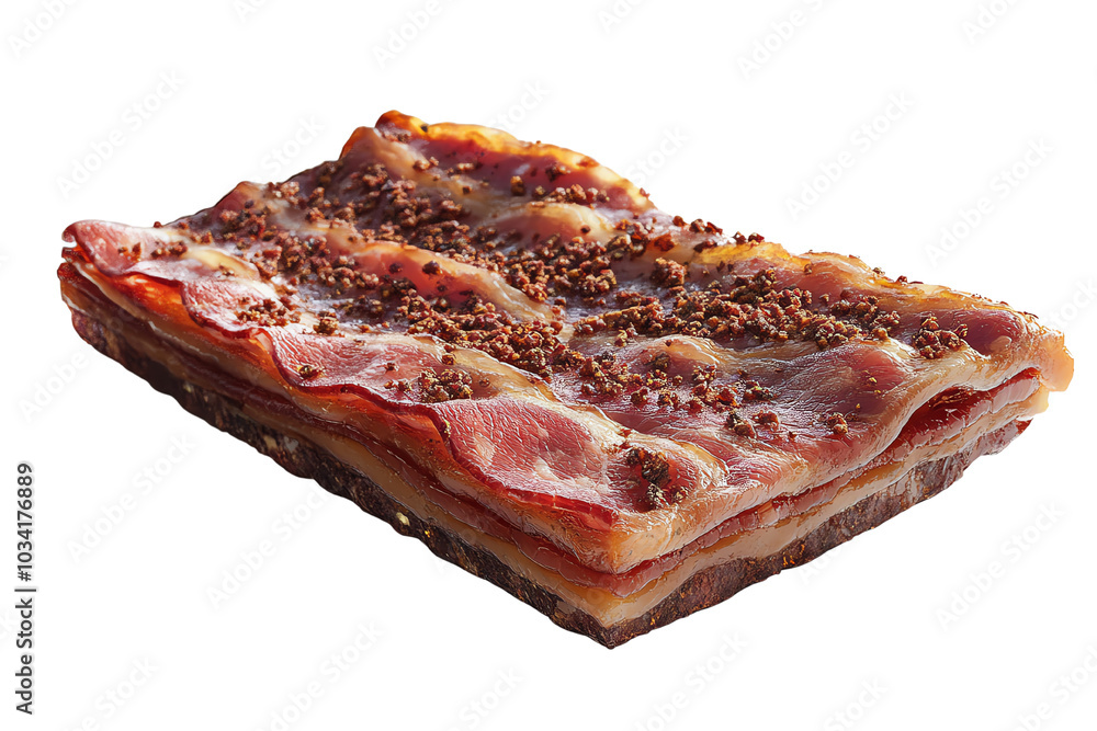 Fototapeta premium Delicious slice of cured meat with spices, perfect for gourmet dishes and charcuterie boards.