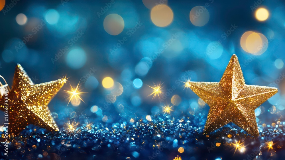Two gold star ornaments with glitter on a blue sparkly surface with bokeh lights in the background. Two gold star ornaments with glitter on a blue sparkly surface with bokeh lights in the background.