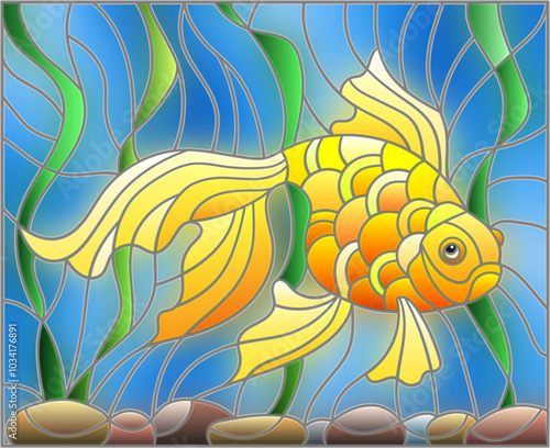 Illustration in stained glass style with gold fish on the background of water and algae