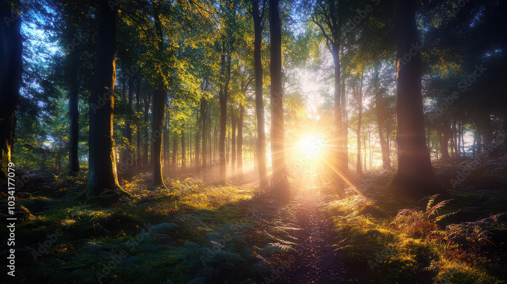 Obraz premium Golden Sunbeams Through Forest Trees