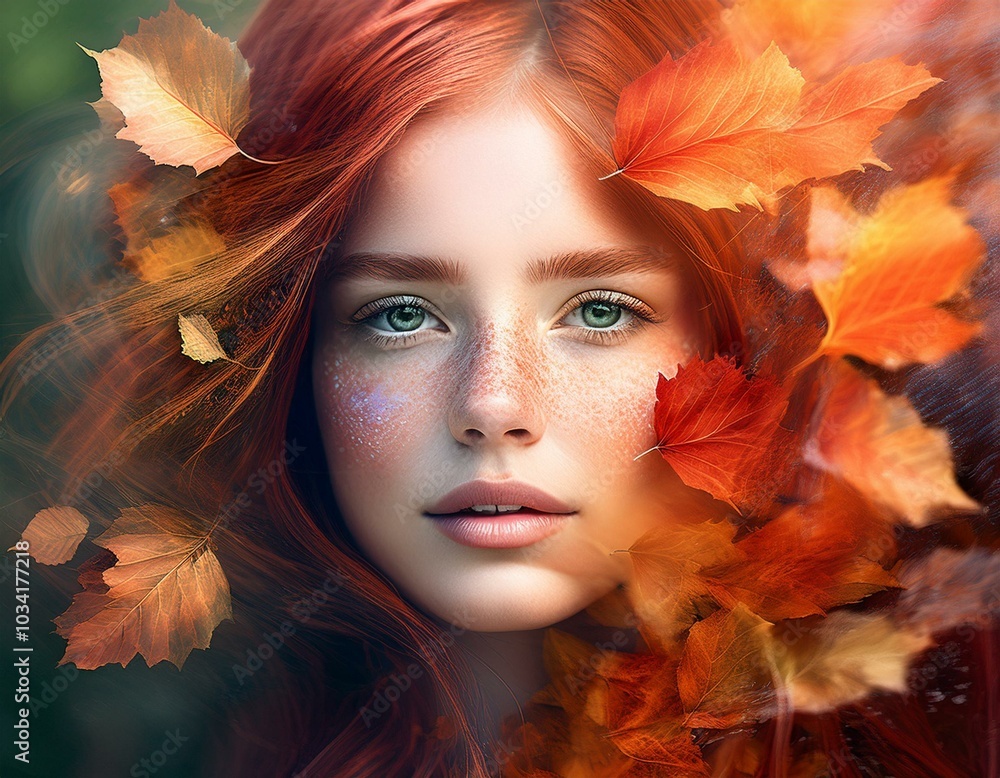 portrait of a woman with autumnal orange red leaves in ginger hair portrait of a woman with autumnal orange red leaves in ginger hair