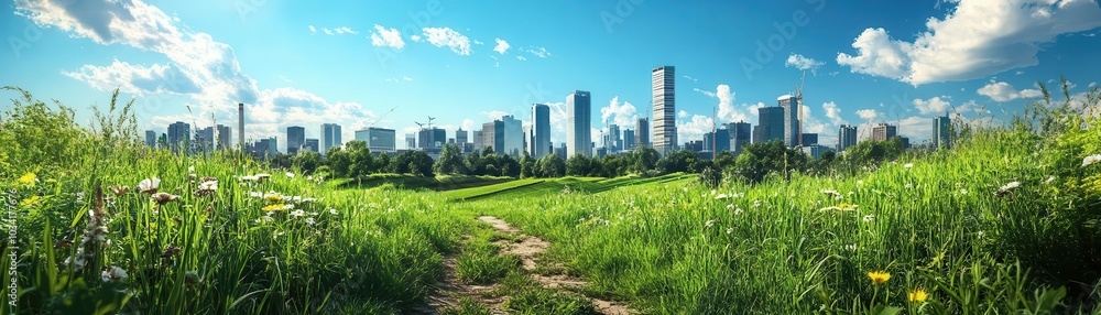Fototapeta premium Green field with cityscape in the background under blue sky