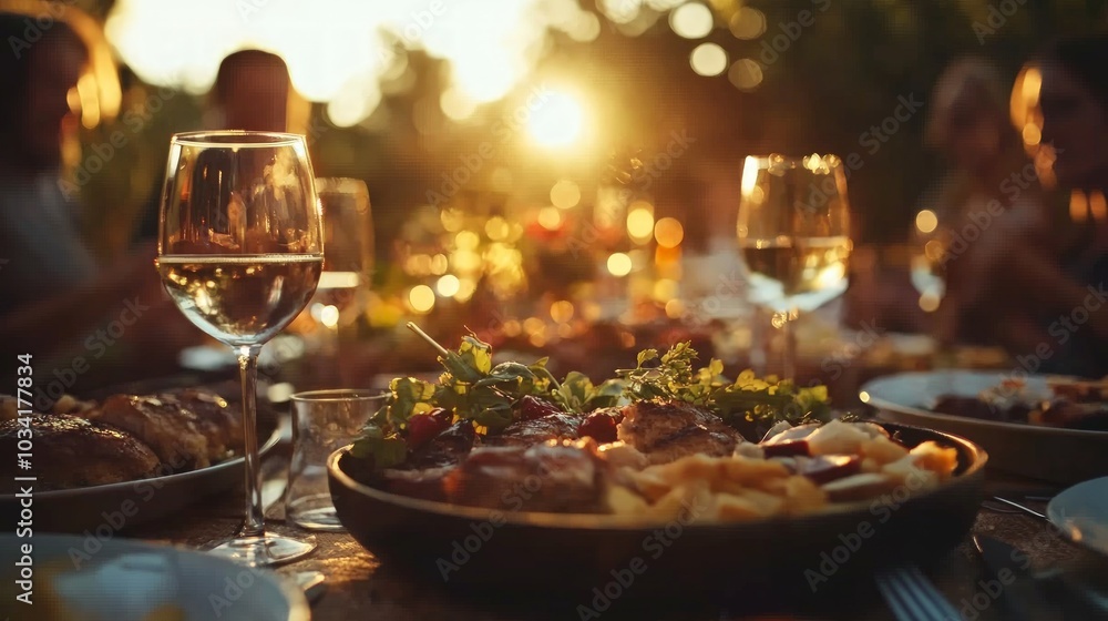 Sunset Dinner Gathering, friends sharing laughter and delicious food outdoors, vibrant atmosphere filled with warmth and joy as the sun sets on a perfect evening. Sunset Dinner Gathering, friends sharing laughter and delicious food outdoors, vibrant atmosphere filled with warmth and joy as the sun sets on a perfect evening.