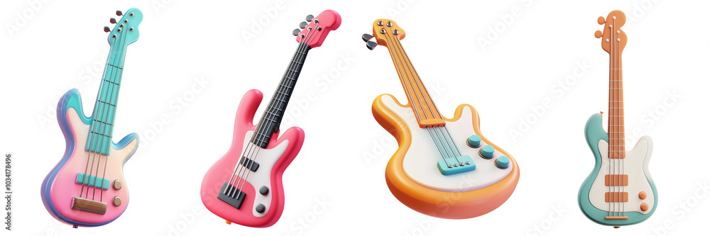 Obraz premium Set of Electric bass 3D cartoon icons png, isolated on transparent background.