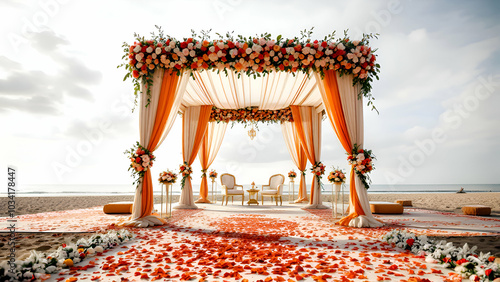 A wedding ceremony setup on a beach with a floral arch, white and orange drapes, two chairs, and rose petals scattered on the ground.