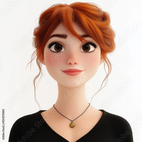 Smiling attractive redheaded woman portrait, 3d cartoon style	
