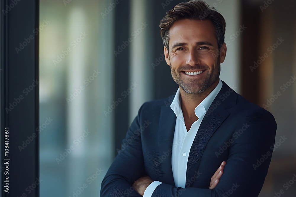 Confident Businessman Smiling in Office Near Window Confident Businessman Smiling in Office Near Window