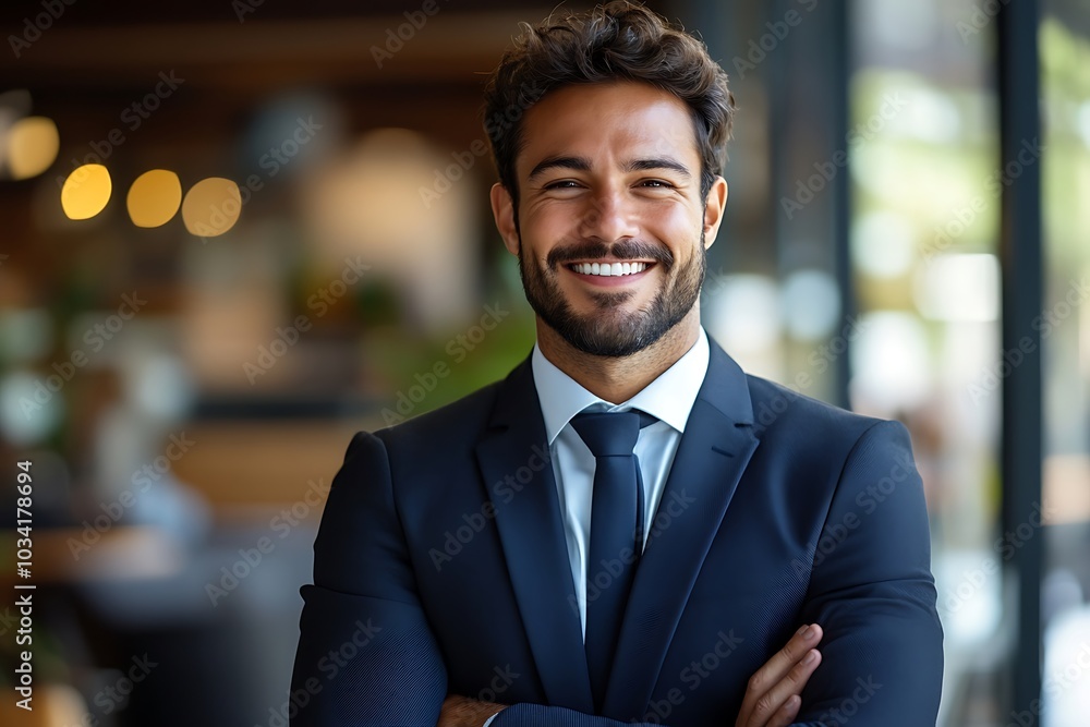 Confident Businessman Smiling in Suit Near Window Confident Businessman Smiling in Suit Near Window