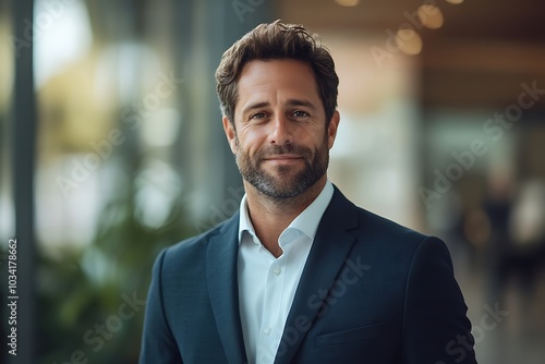 Confident Businessman Smiling in Suit and White Shirt