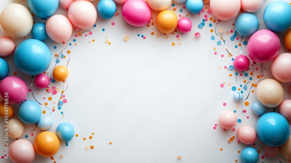 Colorful balloons and confetti on a white background, perfect for celebrations. Colorful balloons and confetti on a white background, perfect for celebrations.