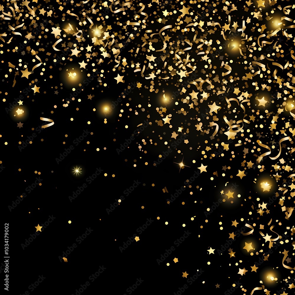 Sparkling gold stars and confetti create a festive scene. Sparkling gold stars and confetti create a festive scene.
