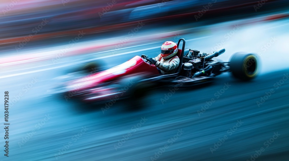 Obraz premium Go-Kart Racer in Action, a dynamic scene showcasing a go-kart driver speeding around the track, helmet on, embodying thrill and competitive spirit in a vibrant racing environment