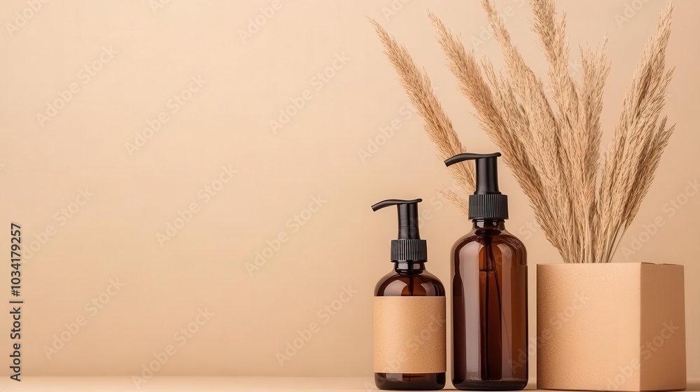 Elegant brown bottles against a warm backdrop, perfect for showcasing beauty products or natural cosmetics. Elegant brown bottles against a warm backdrop, perfect for showcasing beauty products or natural cosmetics.