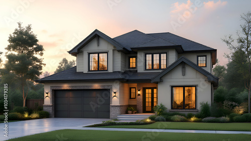 A modern twostory house with a gray garage door, stone accents, and landscaping. The house has large windows, a front porch, and is illuminated by warm lights. The sky is a soft pink and orange. photo