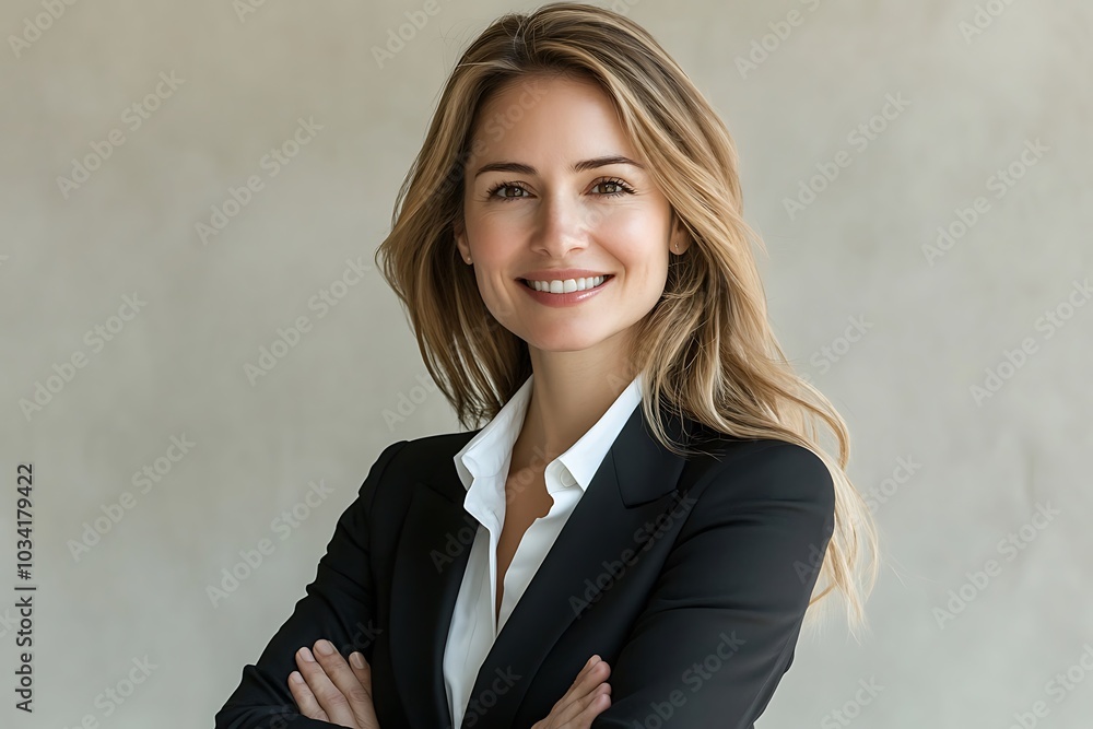 Confident Businesswoman in Black Blazer Smiling with Arms Crossed Confident Businesswoman in Black Blazer Smiling with Arms Crossed