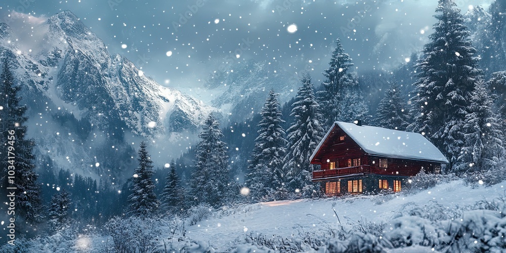 luxury dark red winter house with trees and soft snowflakes on beautiful mountain view background luxury dark red winter house with trees and soft snowflakes on beautiful mountain view background